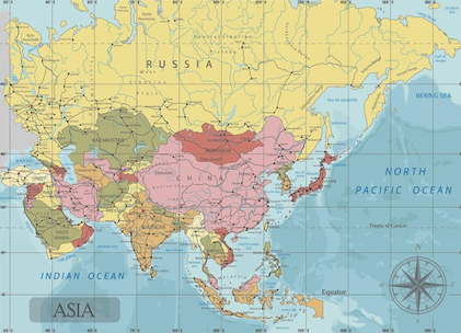 Political Map of Asia, Eurasia, Middle East, South Asia, South East Asia, Australasia, Oceania, Pacific Islands, Russian Federation, ASEAN