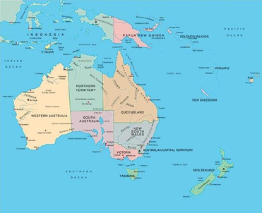 Colour Political Map of Australasia/Oceania/ASEAN, British Commonwealth, Australia, Fiji, Kiribati, Marshall Islands, Nauru, New Zealand, Palau, Papua New Guinea, Samoa, Solomon Islands, Timor-Leste, Tonga, Tuvalu. Vanuatu
