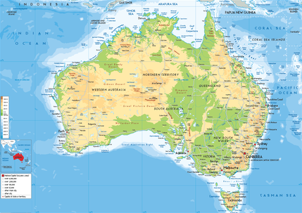 Physical Map of Australia, New South Wales, Queensland, South Australia, Tasmania, Victoria, Western Australia, Australian Capital Territory, Northern Territory, Jervis Bay Territory, External Territories