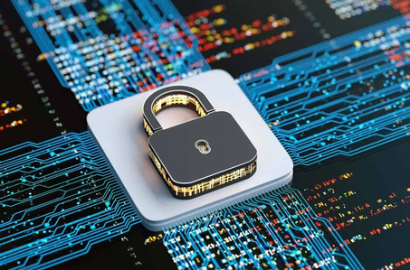 Graphic featuring a padlock centrally on a circuit board illustrating data privacy/security