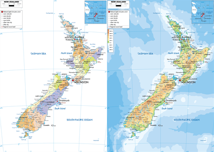 Political and Physical Maps of New Zealand, Oceania, Australasia, Pacific Islands, British Commonwealth, North Island, South Island, Wellington, Auckland, Christchurch, Hamilton, Tauranga, Dunedin